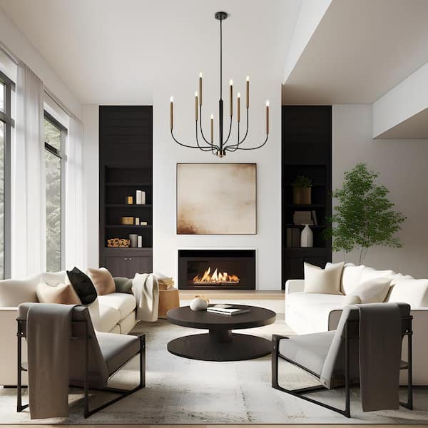 37.4 in. Modern 8-Light Black Chandelier Living Room Ceiling Light with Plated Brass Candle Design for Master Bedroom