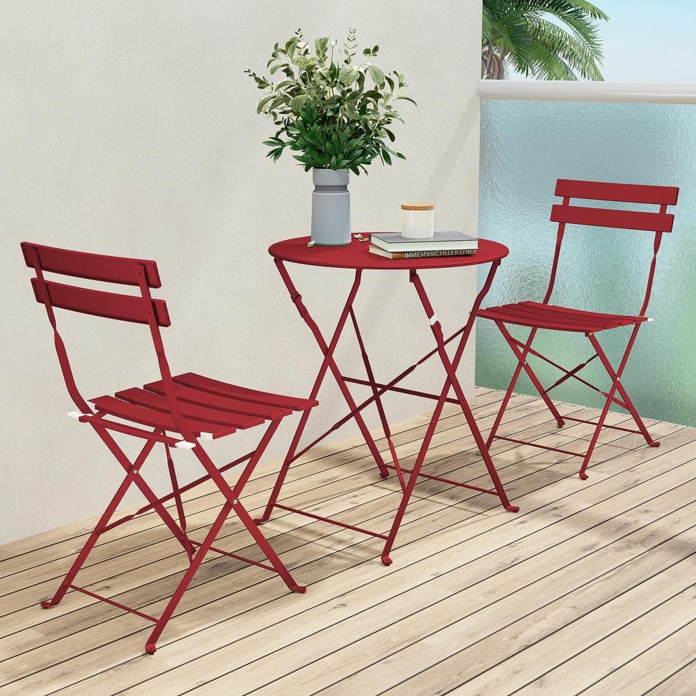 Red 3-Piece Metal Folding Outdoor Bistro Set
