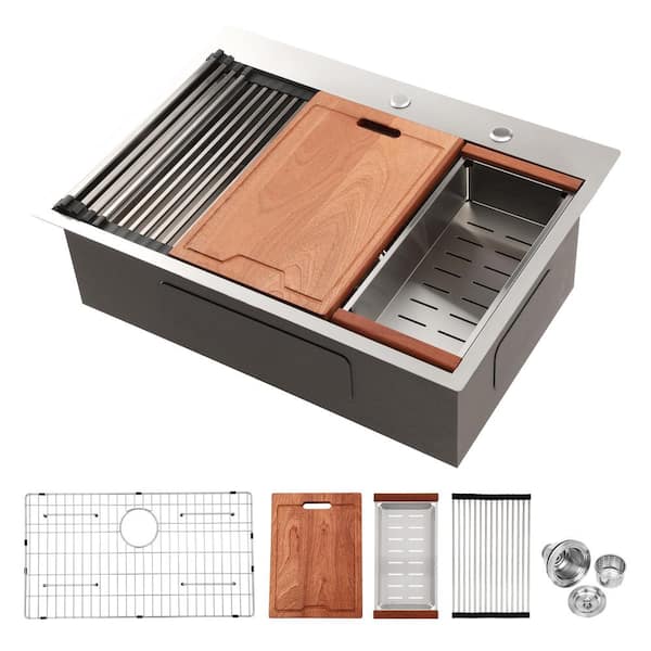 WISBEAM 30 in. Drop-In Single Bowl 16-Gauge 304 Stainless Steel Kitchen Sink with Bottom Grids and Cutting Board