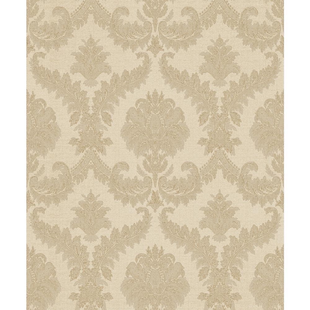 Feathered Damask Gold Metallic Finish Vinyl on Non-woven Non-Pasted Wallpap