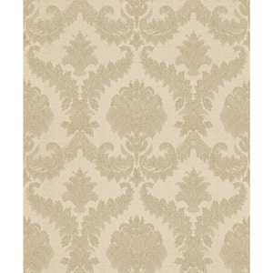 Feathered Damask Gold Metallic Finish Vinyl on Non-woven Non-Pasted Wallpaper Roll