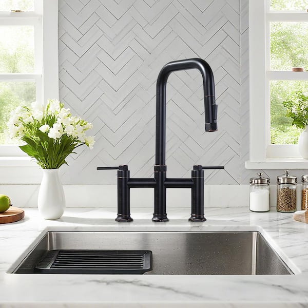 3 Holes Double Handle Brass Bridge Kitchen Faucet with Pull Down Sprayer and Supply Lines in Oil Rubbed Bronze