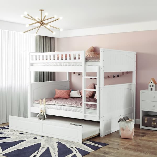 Polibi White Full Over Full Bunk Bed with Twin Size Trundle, Pine Wood Bunk Bed with Guardrails