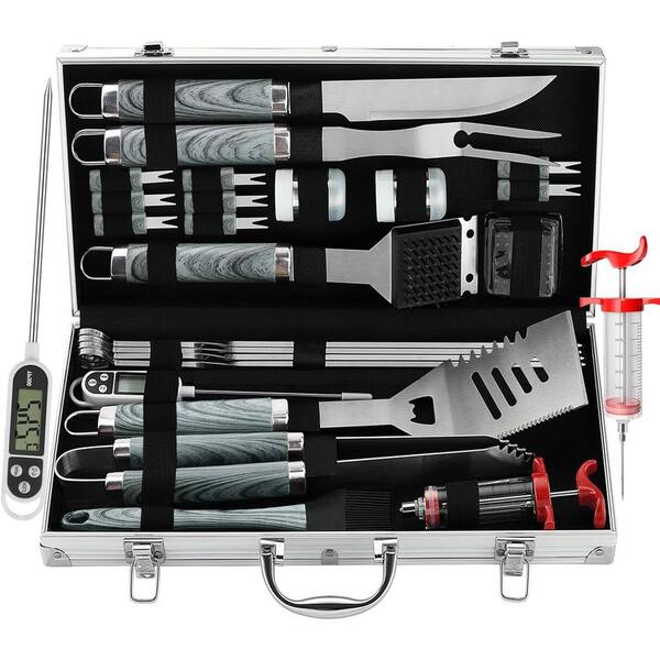 24-Piece BBQ Grill Tools Set w/ Meat Thermometer and Injector, Extra Thick Stainless Steel Fork, Spatula and Tongs, Gray