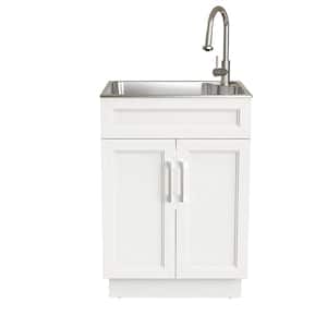 24 in. Drop-In Stainless Steel Laundry Sink with Assembled Cabinet in White with Faucet