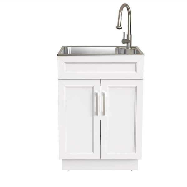 24 in. Drop-In Stainless Steel Laundry Sink with Assembled Cabinet in White with Faucet