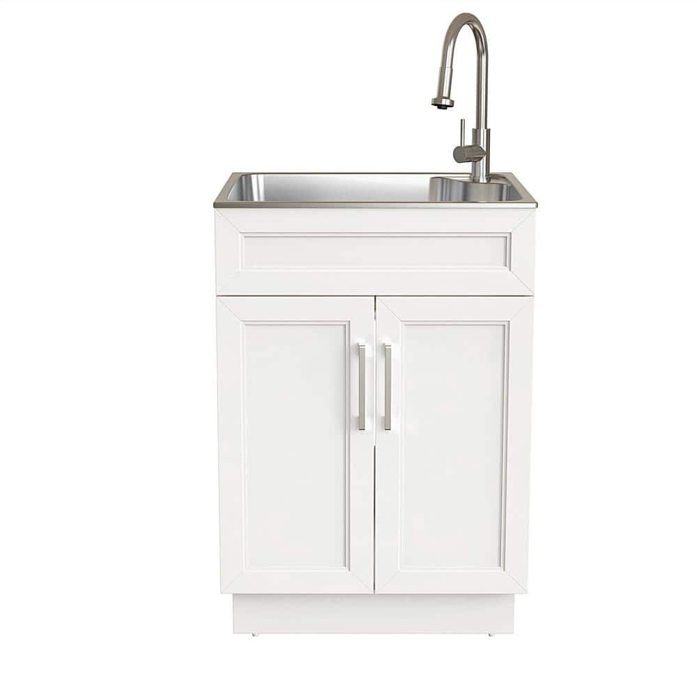 24 in. W Drop-In Stainless Steel Laundry Sink with Faucet and White Storage Cabinet -  Glacier Bay, LT2421A1