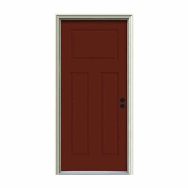 JELD-WEN 30 in. x 80 in. 3-Panel Craftsman Mesa Red Painted Steel Prehung Left-Hand Inswing Front Door w/Brickmould