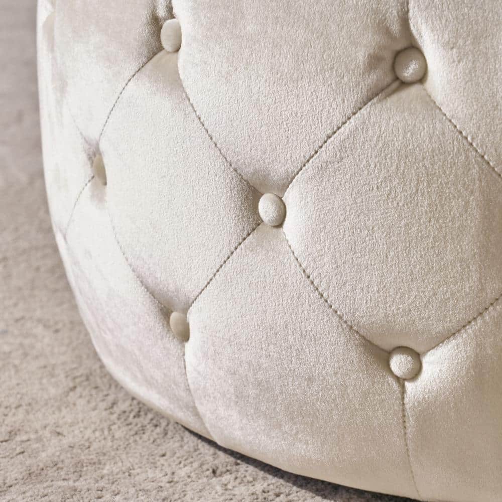 Elegant Round Beige Velvet & Glass Ottoman Coffee Table