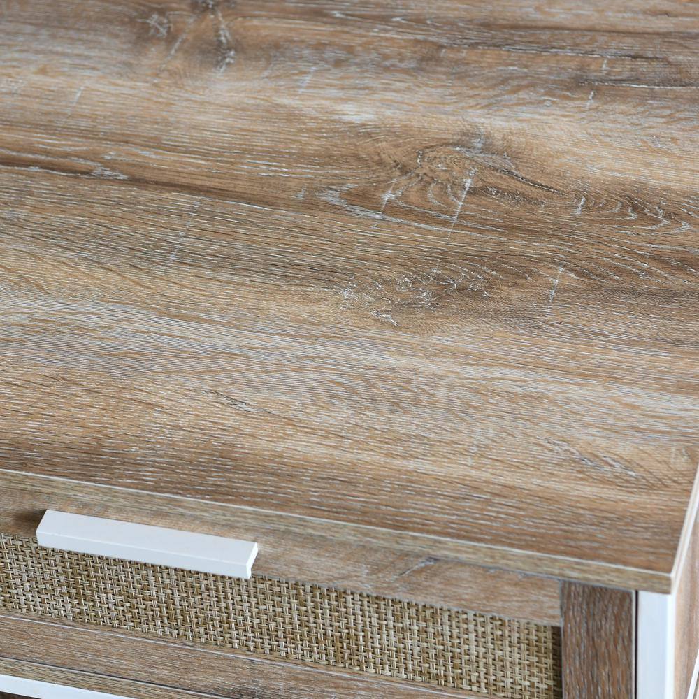 Coastal Oak Square End Table with Rattan Drawer and Metal Frame