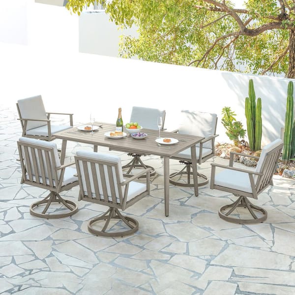 Alulux Gray 7-Piece Aluminum Outdoor Dining Set with 6 Swivel Dining Chairs and Beige Cushions