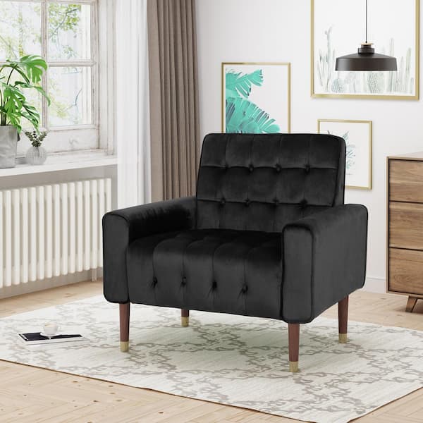 Bourchier Modern Glam Button Tufted Black Velvet Armchair with Waffle Stitching
