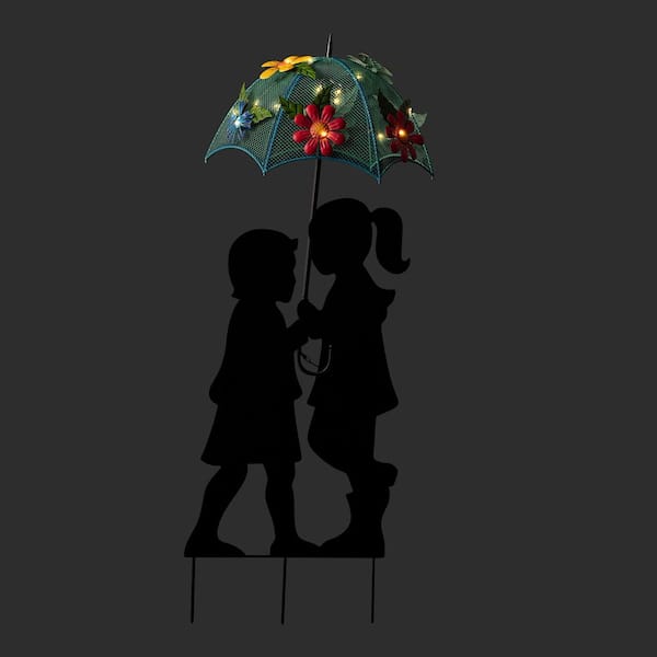 39 in. Tall Outdoor Solar Powered LED Lights Girl and Boy Silhouette with Umbrella Yard Statue