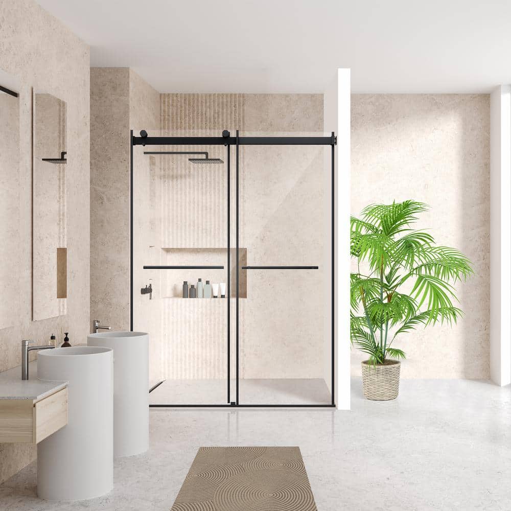 Belizzi 56" Matte Black Frameless Shower Door with Clear Glass