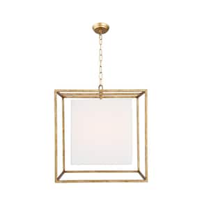 1-Light Antique Gold Rectangle Chandelier in with White Linen Shade