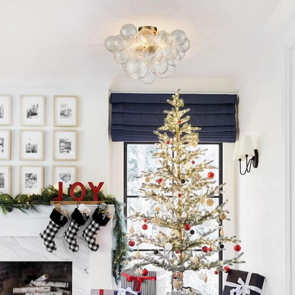 Neuvy 3-Light 20.9 in.W Brushed Gold Modern Semi-Flush Mount Chandelier with Ribbed Swirl Twisted Textured Glass Shades