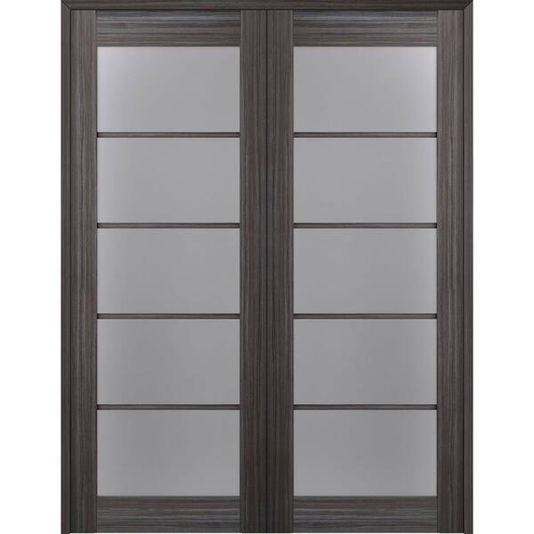 Belldinni Paola 60 in.x 84 in. Both Active 5-Lite Frosted Glass Gray Oak Finished Wood Composite Double Prehung French Door