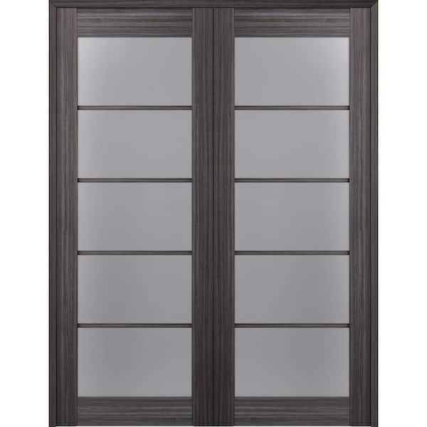 Belldinni Paola 60 in.x 84 in. Both Active 5-Lite Frosted Glass Gray Oak Finished Wood Composite Double Prehung French Door