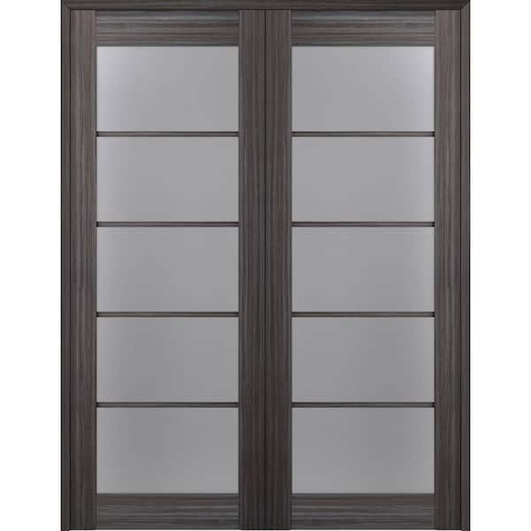 Belldinni Paola 56 in.x 84 in. Both Active 5-Lite Frosted Glass Gray Oak Finished Wood Composite Double Prehung French Door