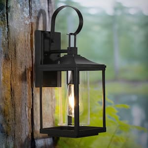 Park 17.3 in. 1-Light Textured Black Traditional Patio Outdoor Wall Lantern Sconce Light with Clear Glass