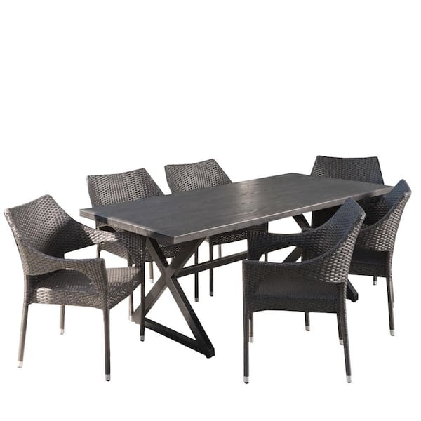 Noble House Grayson Grey 7-Piece Faux Rattan Outdoor Dining Set