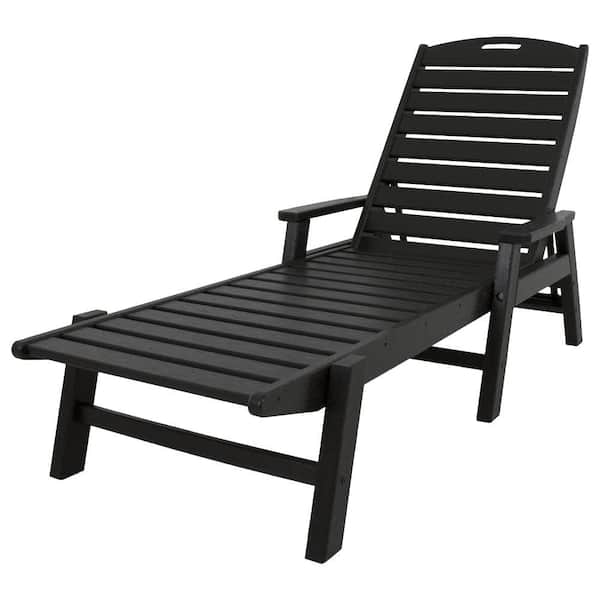 POLYWOOD Nautical Black Stackable Plastic Outdoor Patio Chaise Lounge