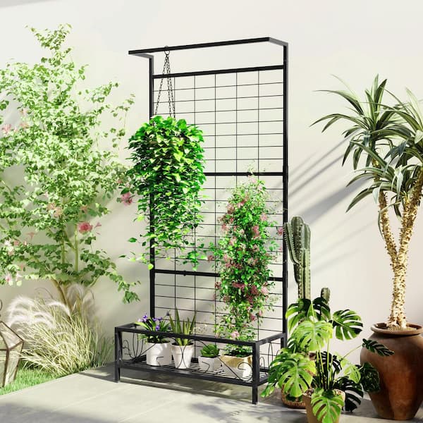 Outsunny Tall Steel Plant Stand with Trellis and Hanging Bar, Kits