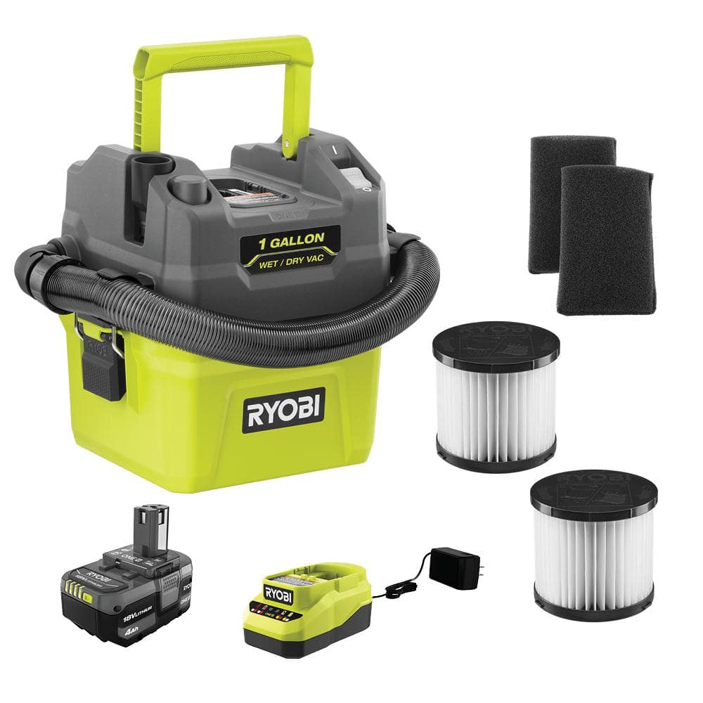 RYOBI ONE+ 18V Cordless 1 Gal. Wet/Dry Vacuum Kit with 4.0Ah Battery, Charger, Replacement Filter, and Foam Filter (2-Pack), Greens