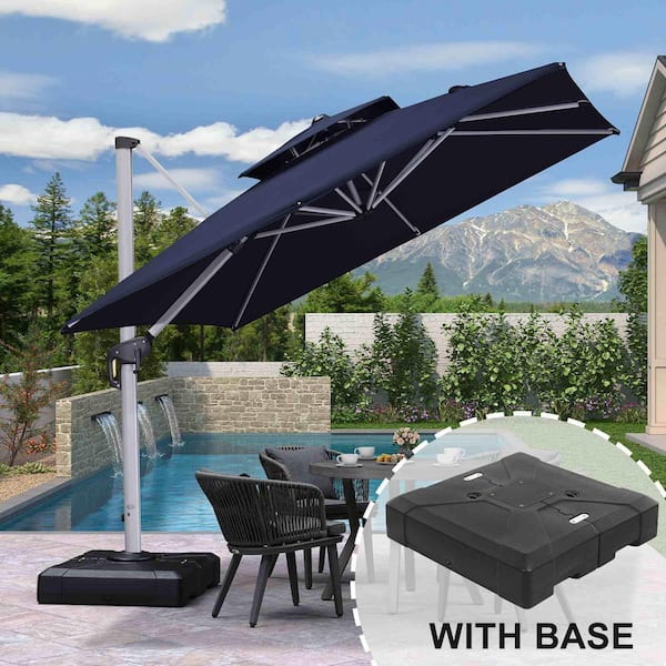 PURPLE LEAF 9 ft. Square High-Quality Aluminum 360 Rotation Cantilever Polyester Outdoor Patio Umbrella with Base, Navy Blue