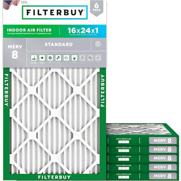 16 in. x 24 in. x 1 in. MERV 8 (FPR 5) Dust Defense Pleated HVAC AC Furnace Air Filters Replacement (6-Pack)