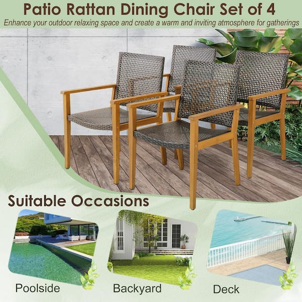 Outdoor Rattan Chair Set of 4 Patio PE Wicker Dining Chairs w Sturdy Acacia Wood Frame