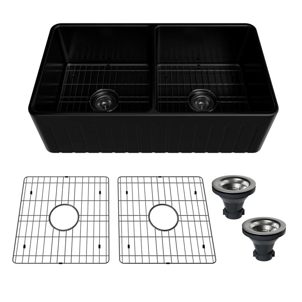 Boyel Living 33 in. Farmhouse/Apron-Front Double Bowl Black Fine Fireclay  Kitchen Sink with Bottom Grid and Strainer Basket BL-15-FD33TB - The Home 