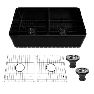 33 in. Farmhouse/Apron-Front Double Bowl Black Fine Fireclay Kitchen Sink with Bottom Grid and Strainer Basket