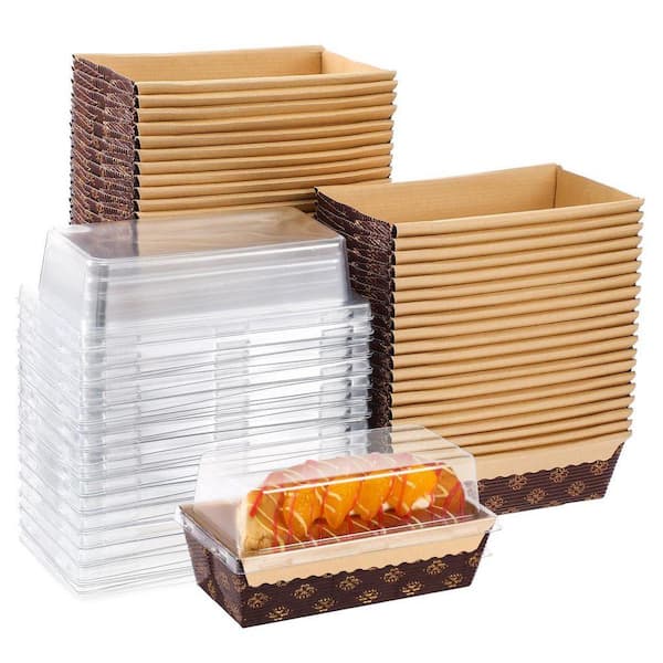 50-Pack 6 x 2.5 x 2 in. Disposable Cardboard Baking Loaf Pans with Clear Plastic Lids for Cakes Breads