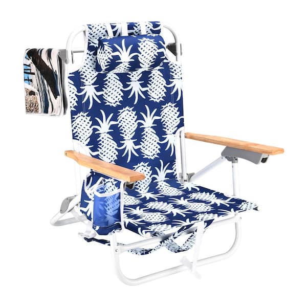 Otryad 1-Piece Pineapple Pattern Aluminum Backpack Folding Beach Chair, 5 Position Adjustable with Headrest and Storage Bag