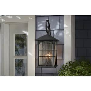 Brimfield 22 in. 3-Light Aged Iron Hardwired Outdoor Wall Lantern Sconce with Clear Seedy Glass