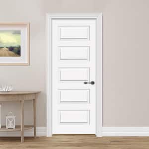 28 in. W. x 80 in. 5-Panel Molded Left-Handed Solid Core White Primed Wood Single Prehend Interior Door Nickel Hinges