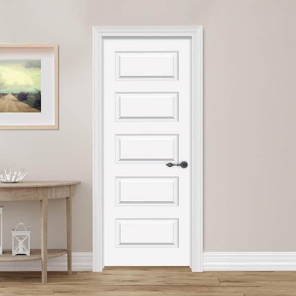 36 in. x 80 in. 5 Panel Molded LH Solid Core White Primed Wood Composite Single Prehung Interior Door w/Nickel Hinges.
