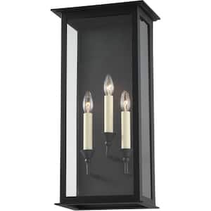 Chauncey 11.5 in. 3-Light Textured Black Outdoor Lantern Wall Sconce with Clear Glass Shade