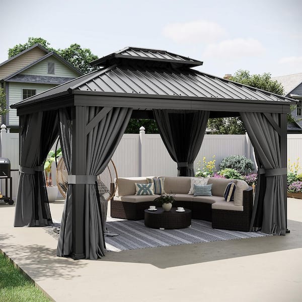 12 ft. W x 10 ft. D Galvanized Steel Roof Gazebo with Aluminum Rectangular Column, Ceiling Hook, Curtains and Netting