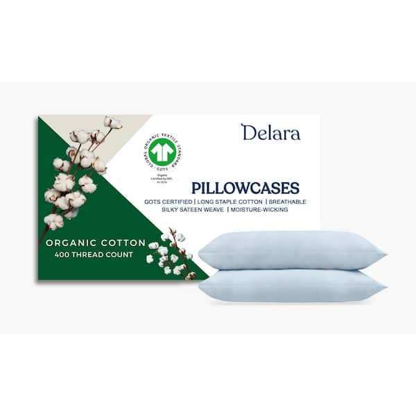 Delara Light Blue Solid 100% Organic Cotton, King, Smooth and Breathable, Super Soft Pillowcases (Pack-2)