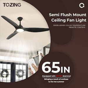 65 in. Smart Indoor Modern Black Low Profile Embedded Shade Semi Flush Mount Ceiling Fan with Bright LED with Remote