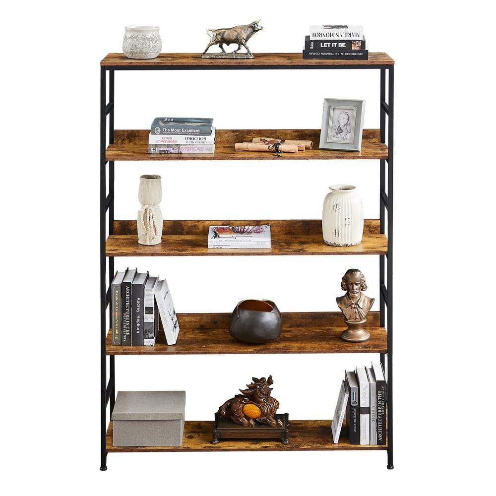 FABULAXE Industrial 67.5 in. Brown Wood and Metal 5-Shelf Etagere Bookcase  Open Storage Free Standing Bookshelf QI003995.L - The Home Depot