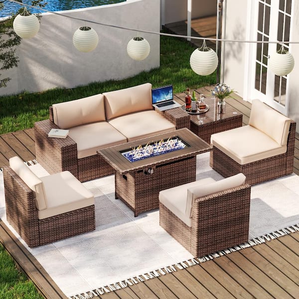 SUNMTHINK 7-Piece Outdoor Rattan Wicker Set Covers Sectional Set with Fire Pit Table, Brown Cushions