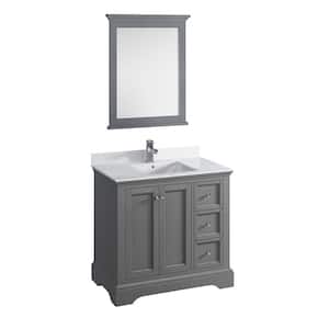 Windsor 36 in. W Traditional Bathroom Vanity in Gray Textured Quartz Stone Vanity Top in White with White Basin, Mirror