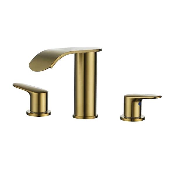 IVIGA Stainless Steel 8 in. Widespread Double Handle Waterfall Bathroom Faucet with Drain and Supply Lines in Gold