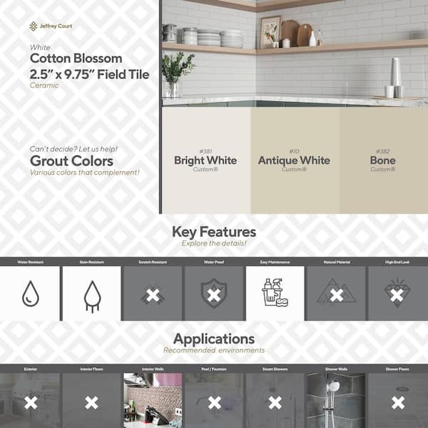 Jeffrey Court Cotton Blossom White 2.5 in. x 9.75 in. Glossy Textured Ceramic Wall Tile (5.38 sq. ft. / Case) Jeffrey Court Cotton Blossom White 2.5 in. x 9.75 in. Glossy Textured Ceramic Wall Tile (5.38 sq. ft. / Case)