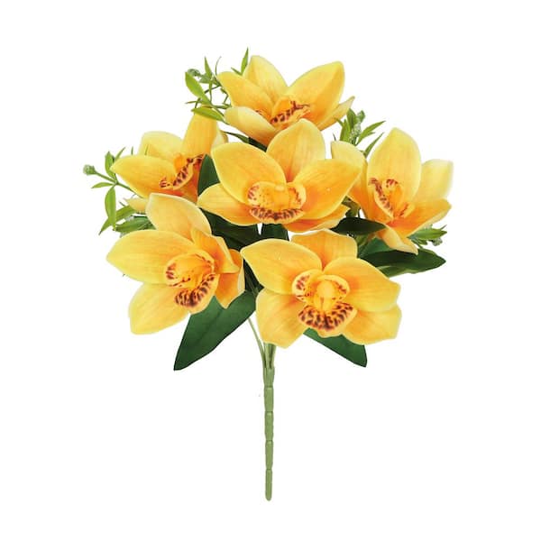 LIVING LUXURY 13 in. Yellow Artificial Cymbidium Orchid Flower Stem Bush Bouquet (Set of 4)