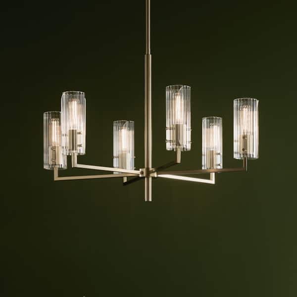Velestino 30.25 in. 6-Light Champagne Bronze Modern Shaded Cylinder Chandelier for Dining Room