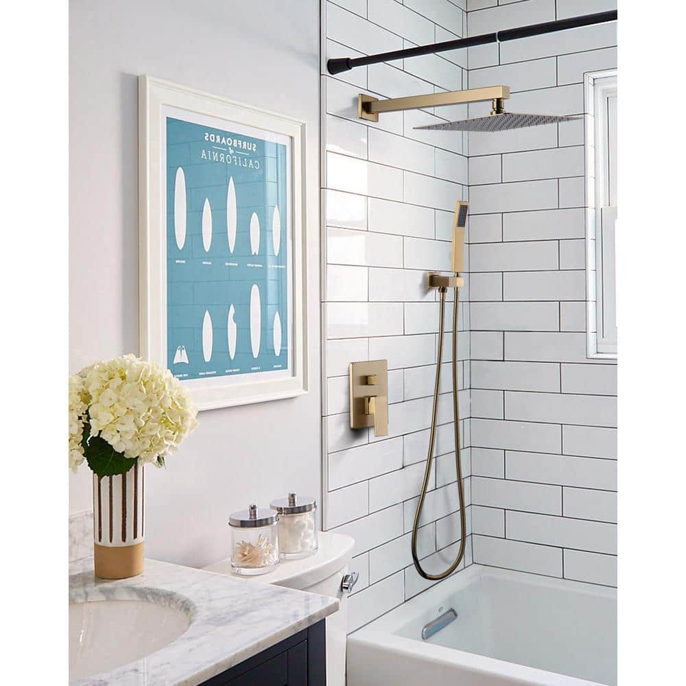 Brushed Gold Square Rain Shower Head with Handheld